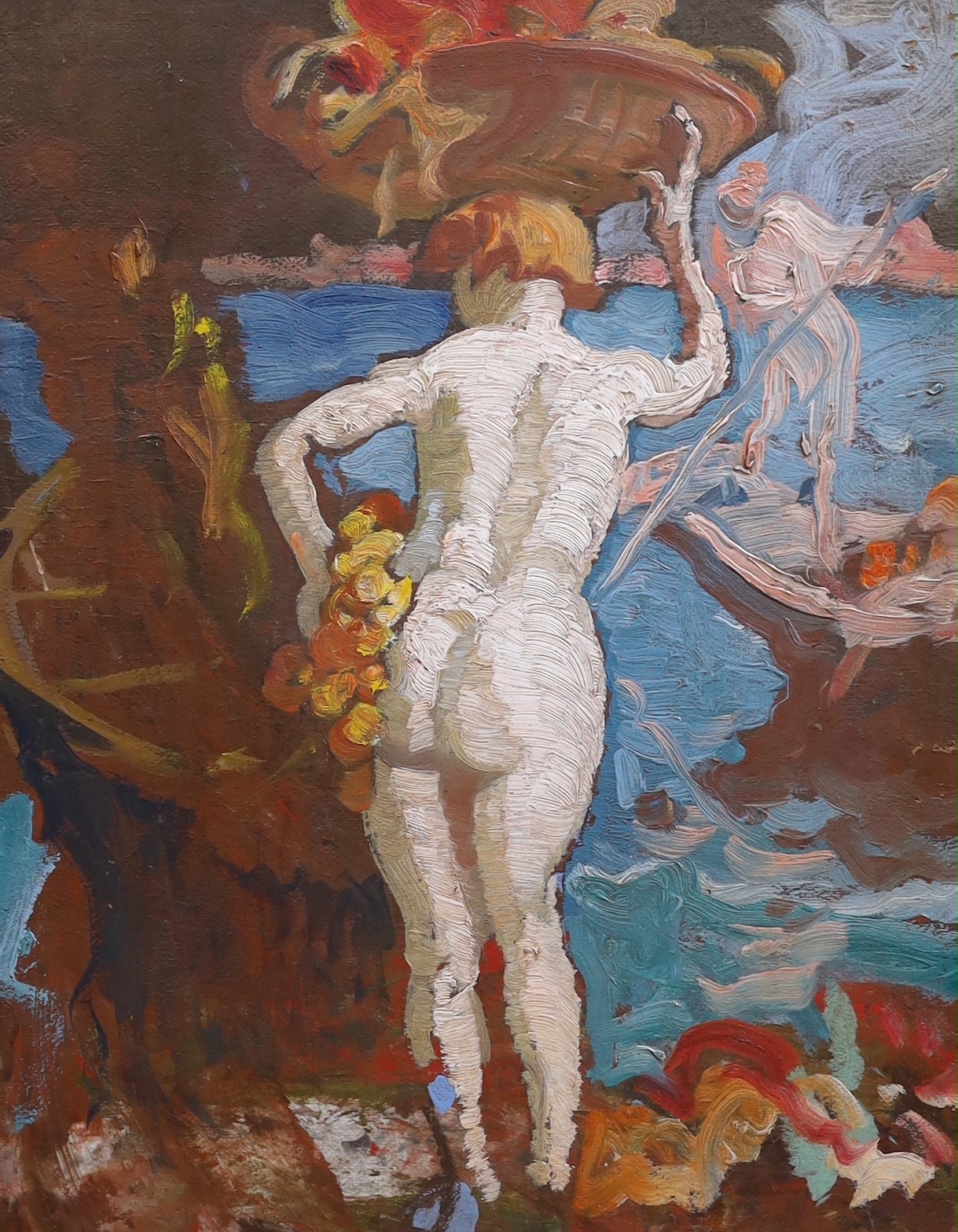 Sir Frank Brangwyn (1867-1956), Nude woman with washing, Venice, oil on card, 43 x 34cm